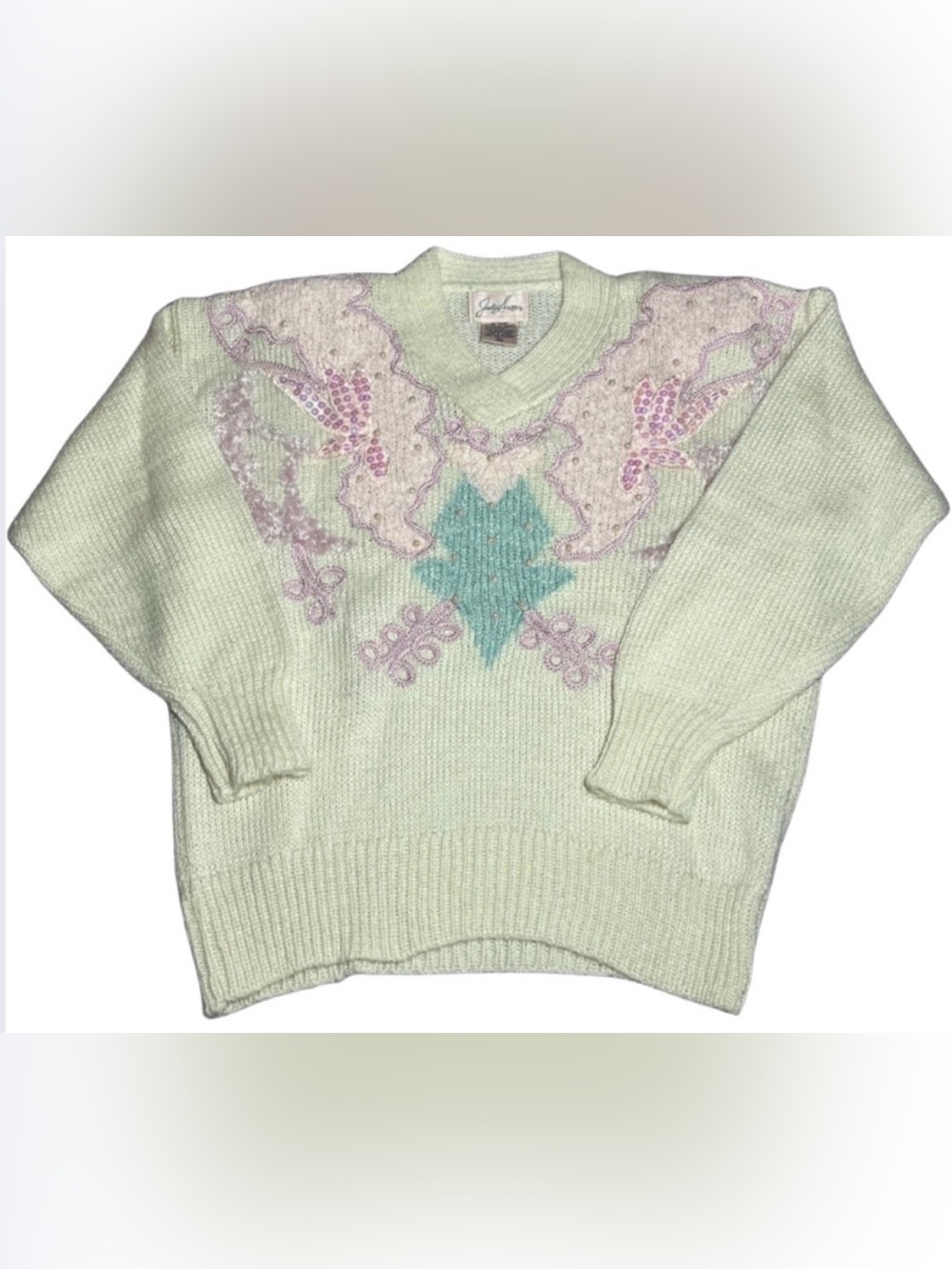 Vtg Jaclyn Smith M Embroidered V-Neck Knit Sweater Pearls Coquette White 1980s